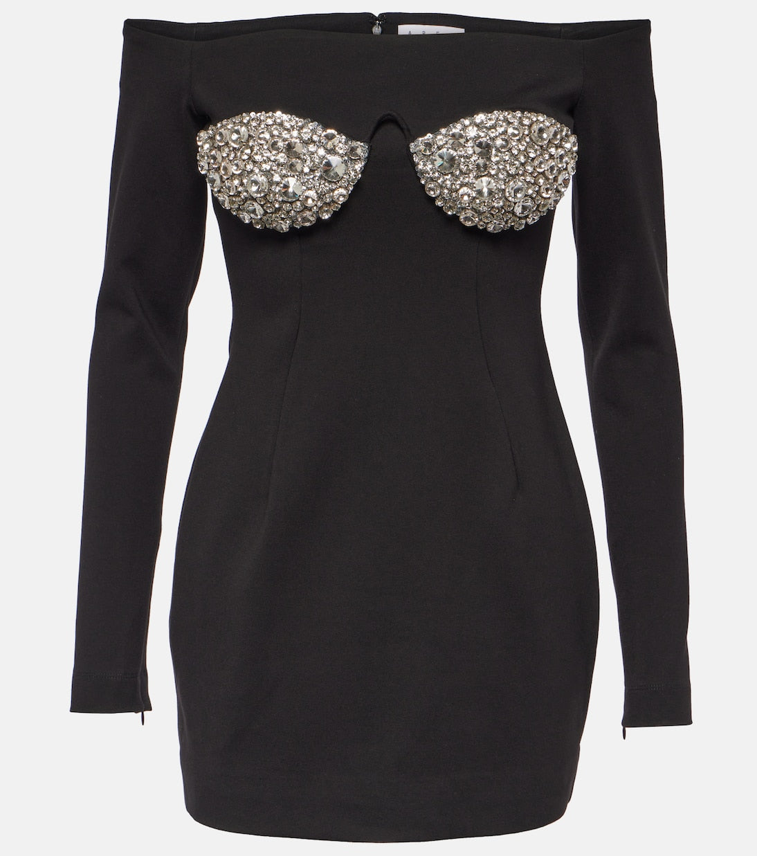 Area Crystal Embellished Off Shoulder Mini Dress, Black