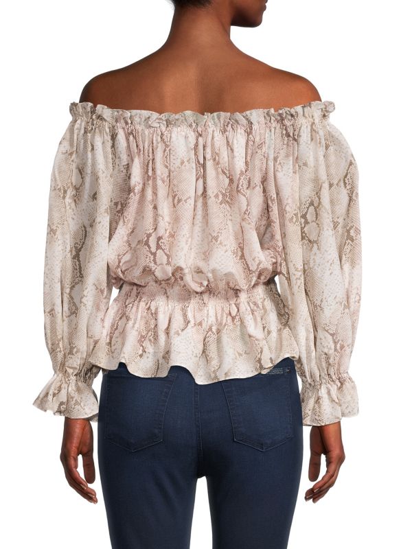 Elie Tahari Snakeskin Off-Shoulder Top, beige