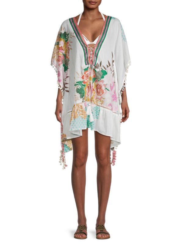 Ranee's White Floral Pom Pom Kaftan Cape