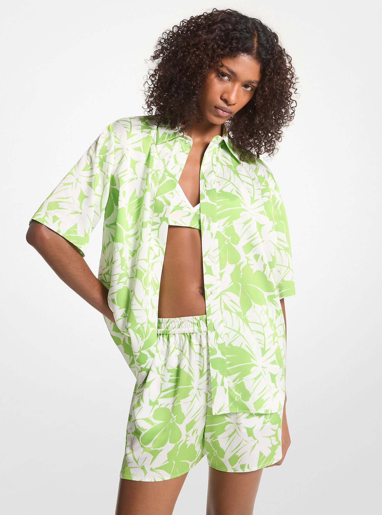 Michael Michael Kors Palm Print Satin Cabana Shirt, Green