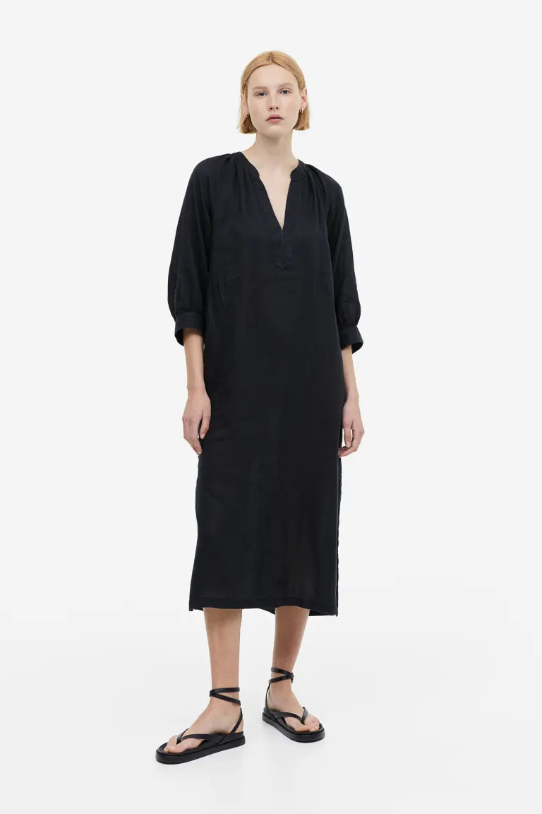 Linen dress with tie belt H&M, black