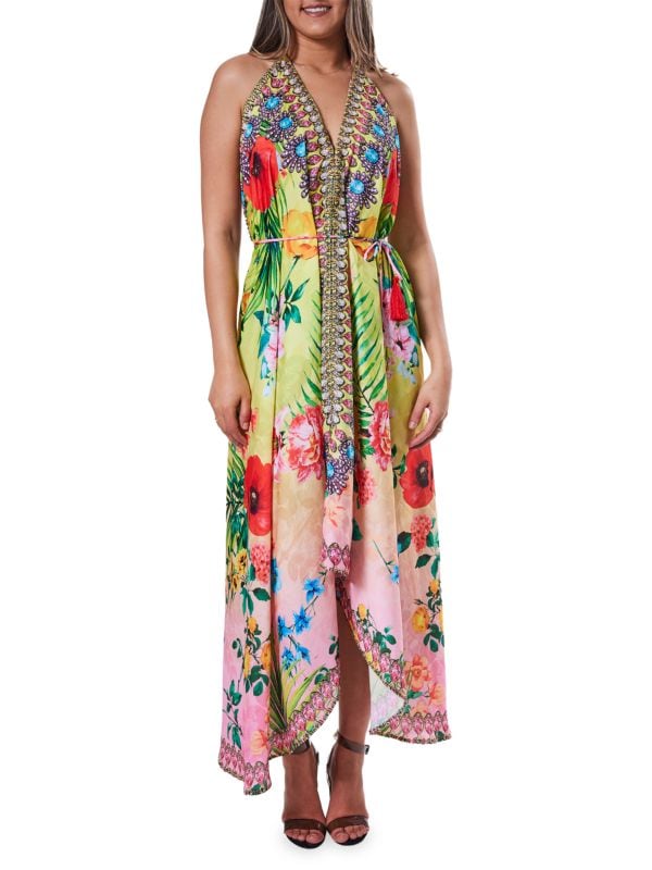 Ranee's beach dress with floral print and halter neckline, multicolor