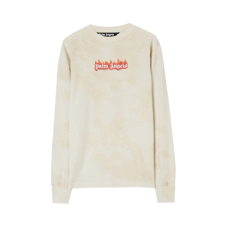 تي شيرت كلاسيكي بأكمام طويلة وشعار Palm Angels Burning Logo "Off White"، باللون الأبيض