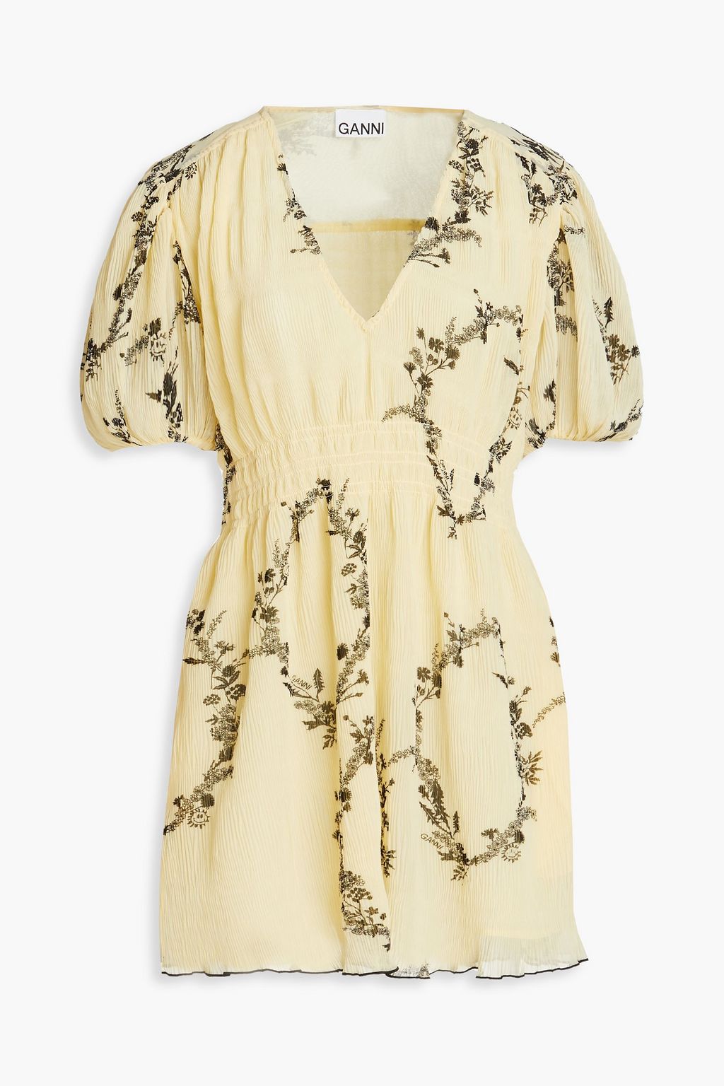 Pleated georgette mini dress with floral print GANNI, yellow