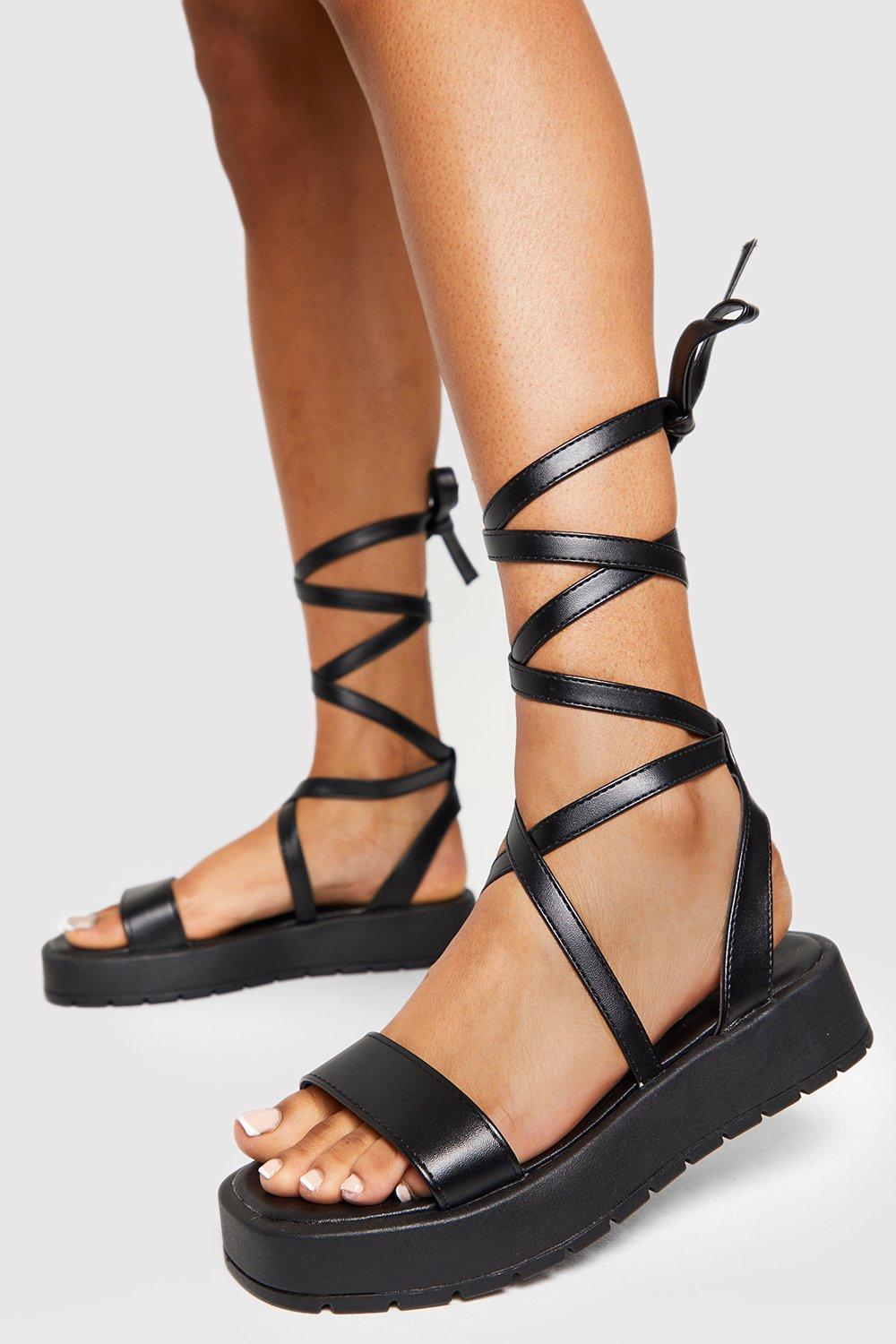 Boohoo Wide Flat Sandals With Toe Ties, Black