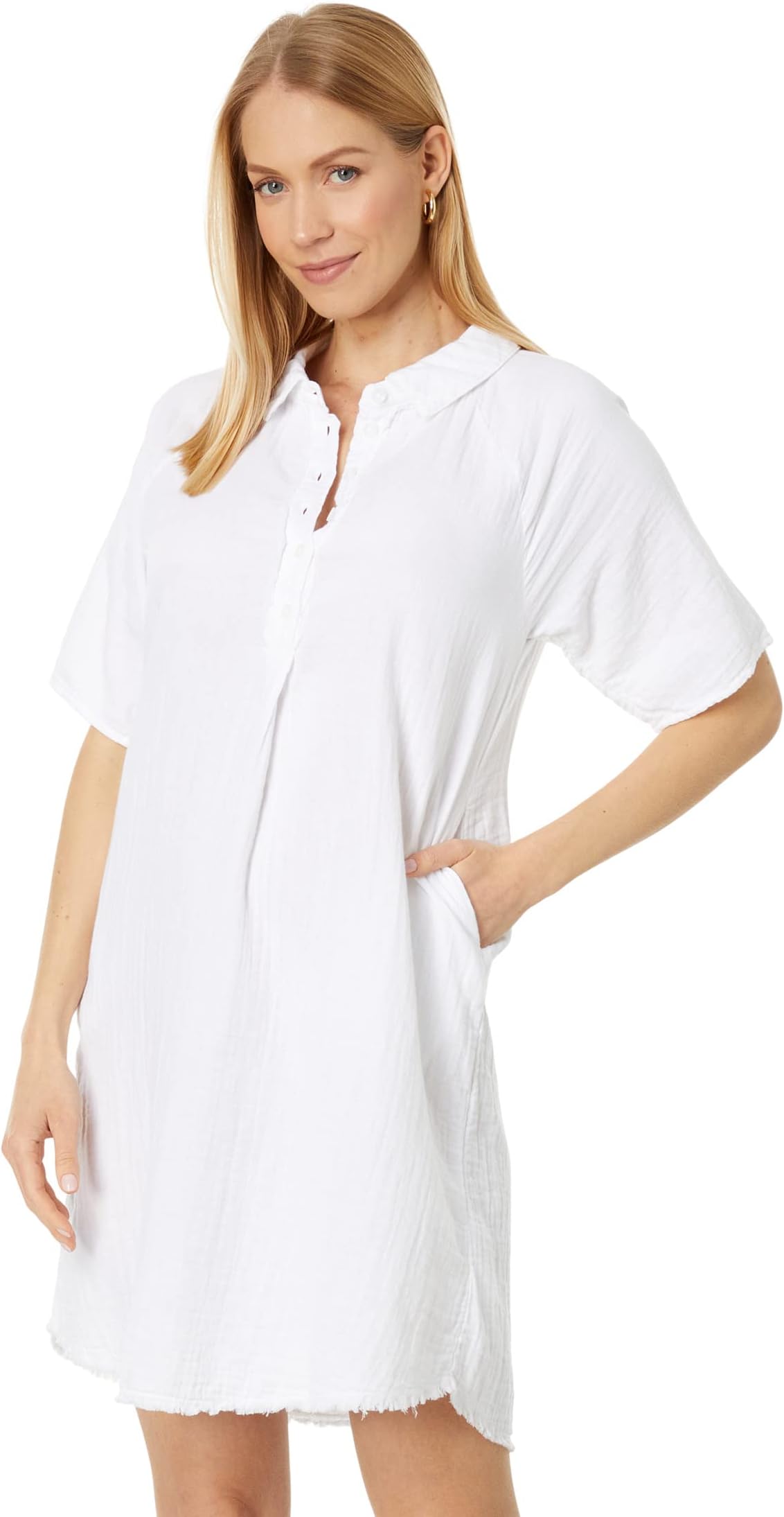 Two-layer gauze dress with buttons and half raglan sleeves Mod-o-doc white