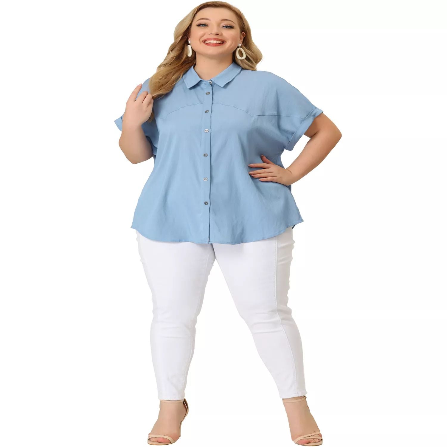 Women's Plus Size Button Down Shirts Agnes Orinda short sleeve chambray shirts, blue