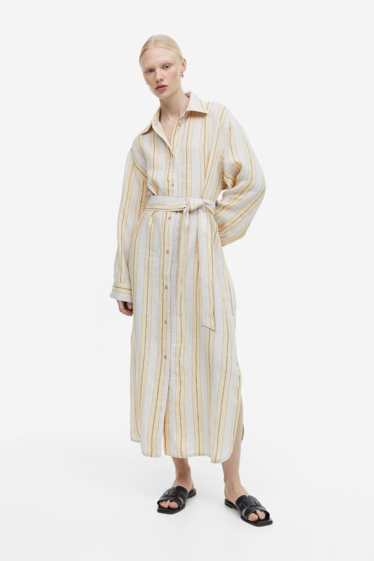 H&M Linen Shirtdress, Pale Yellow/Striped