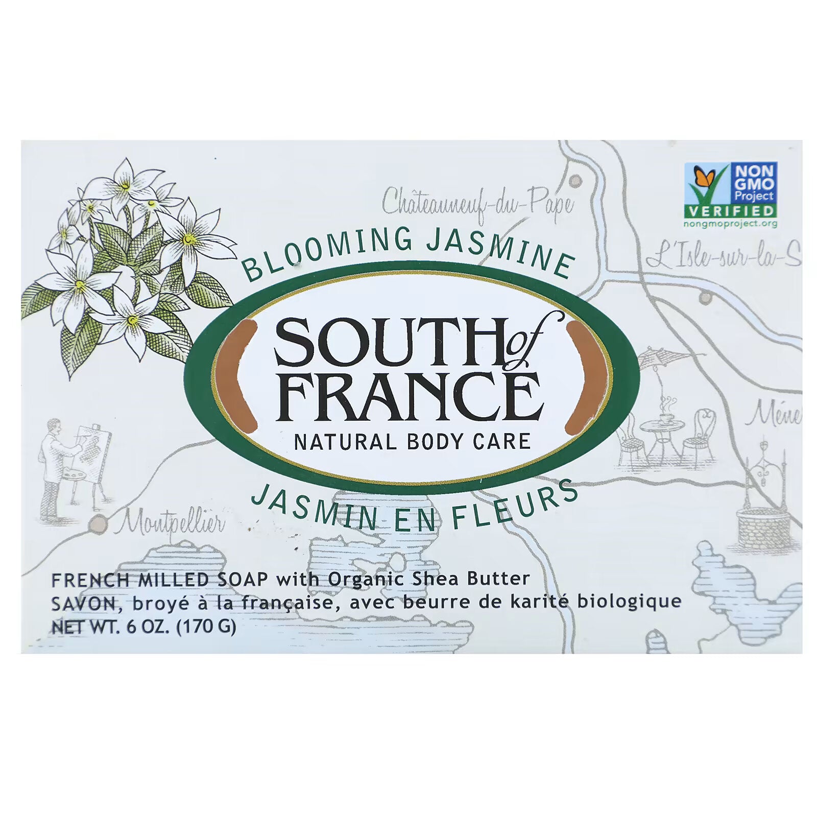 South of France, Blooming jasmine French Peeled Oval Soap with Organic Shea Butter, 6 oz (170 g)