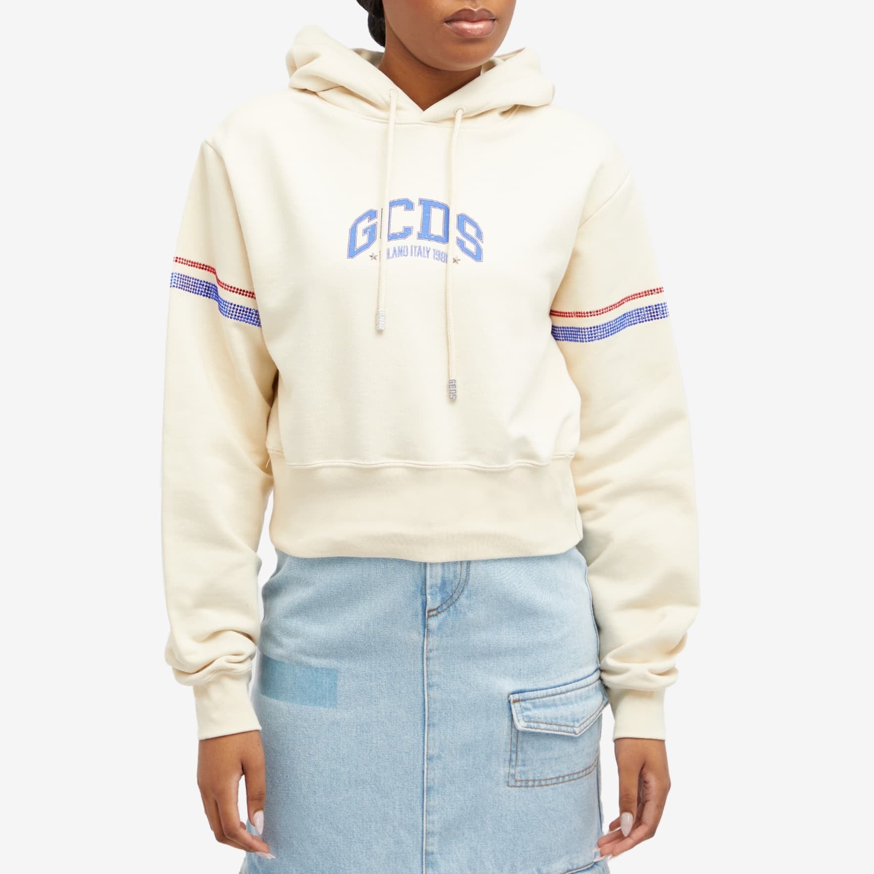 GCDS Logo Cropped Hoodie, cream