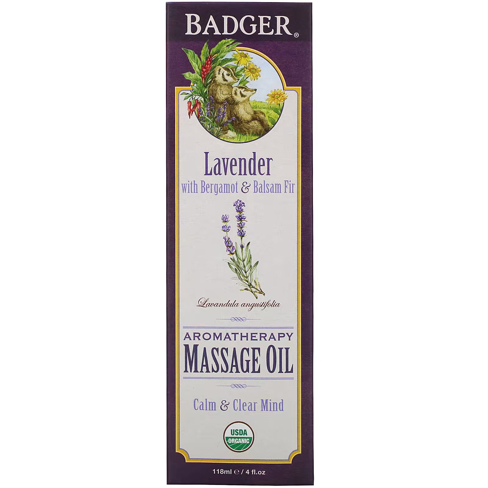 Badger Company, Aromatherapy Massage Oil, Lavender with Bergamot and Balsam Fir, 4 fl oz (118 ml)