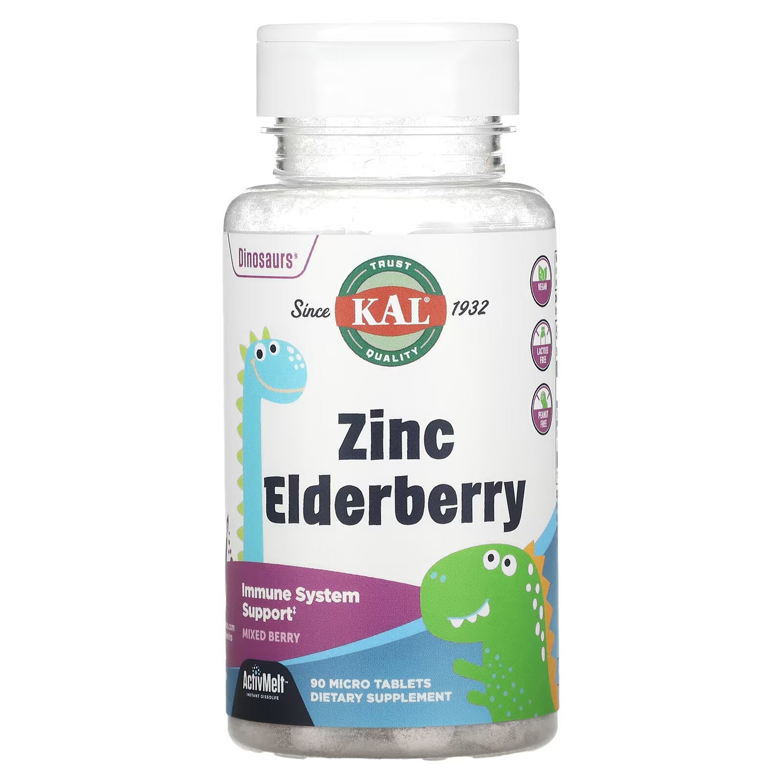 KAL, Dinosaurs, ActivMelt, Zinc Elderberry Dissolvable Tablets, Assorted Berry, 90 MicroTablets