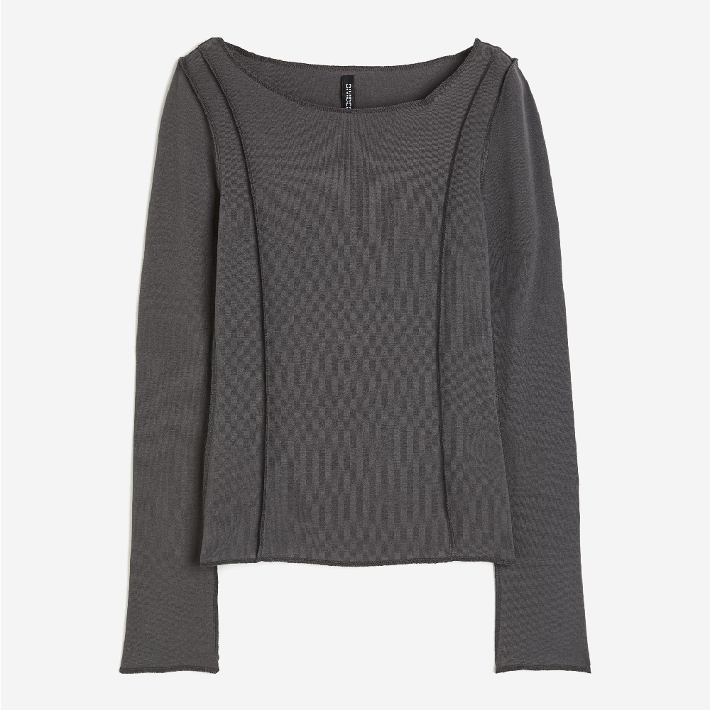 قميص H&amp;M Flatlock Seams بأكمام طويلة، رمادي غامق