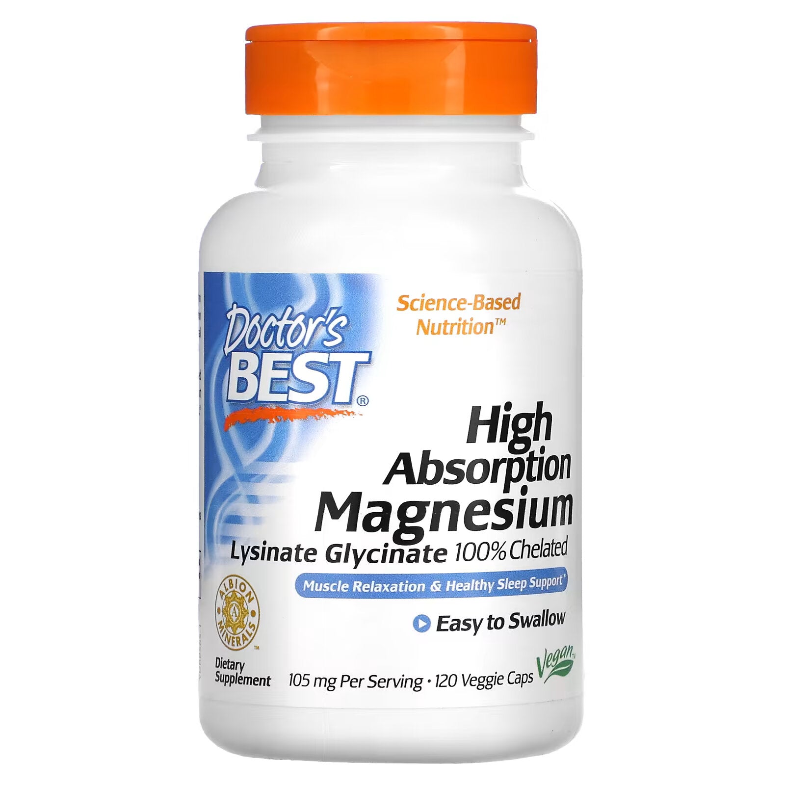 Doctor's Best, Highly Absorbable Magnesium, 100% Chelated, Lysinate and Glycinate, 52.5 mg, 120 Vegetarian Capsules