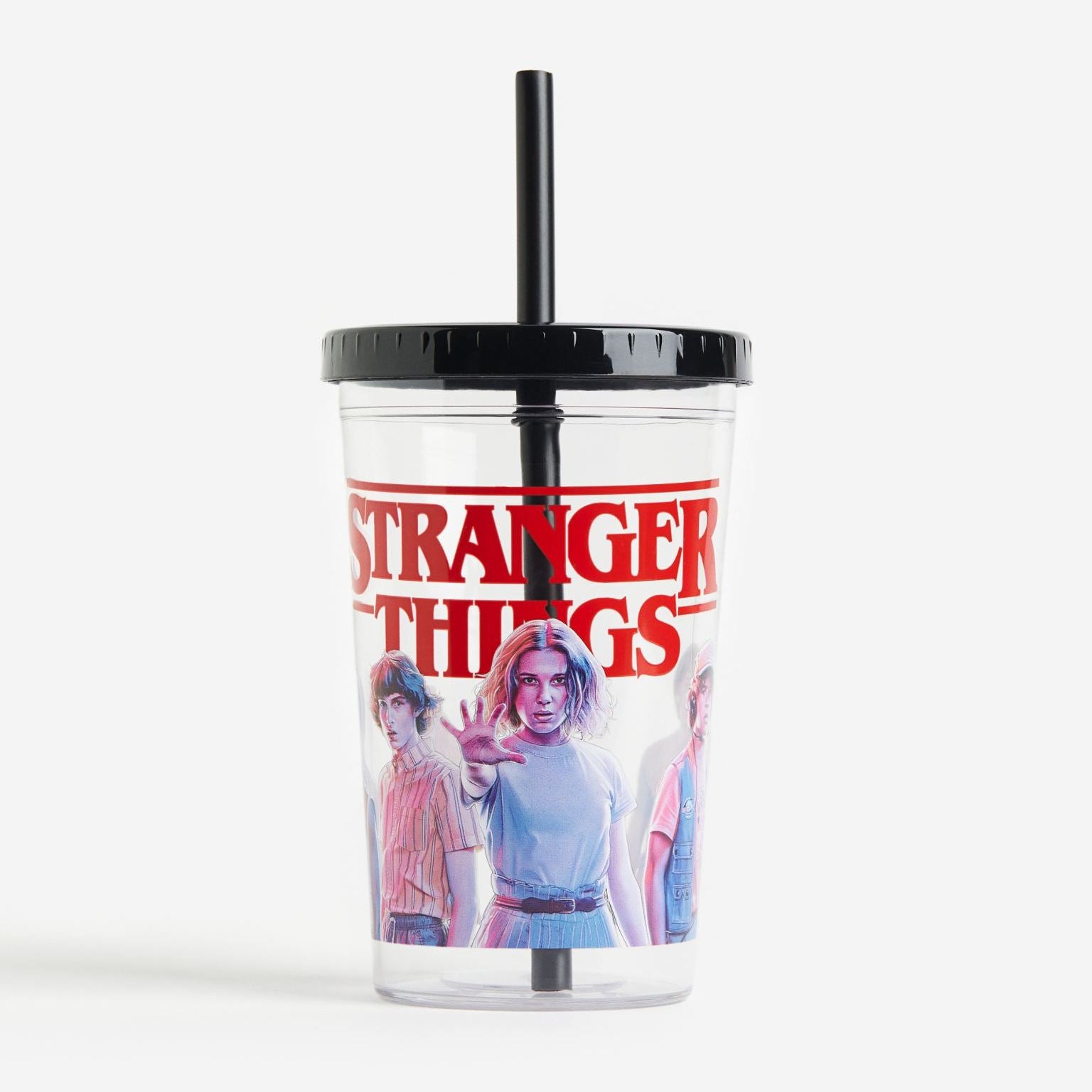 H&M Stranger Things glass with lid, black/multicolor