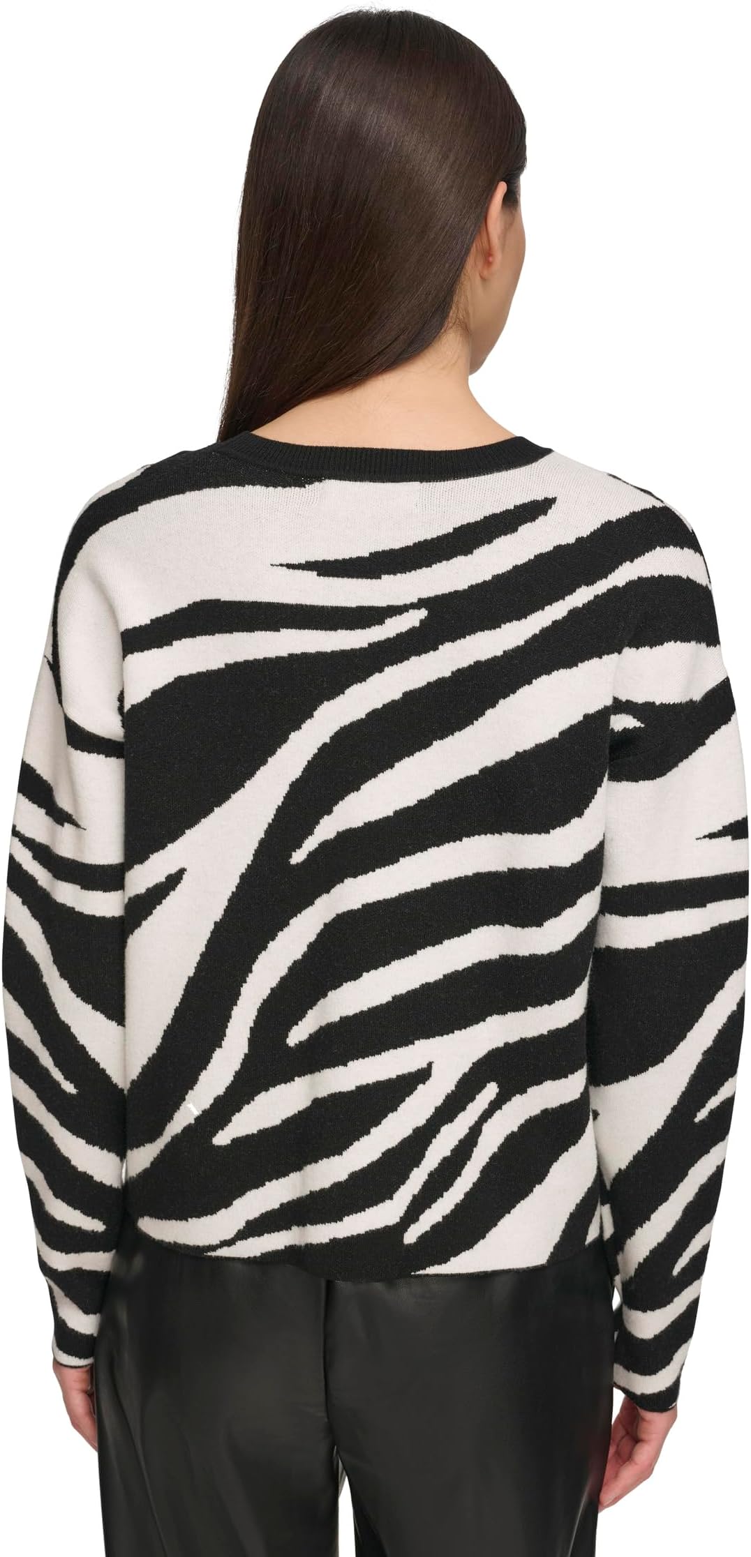 سترة DKNY Zebra Crew Neck بأكمام طويلة، عاجي/أسود