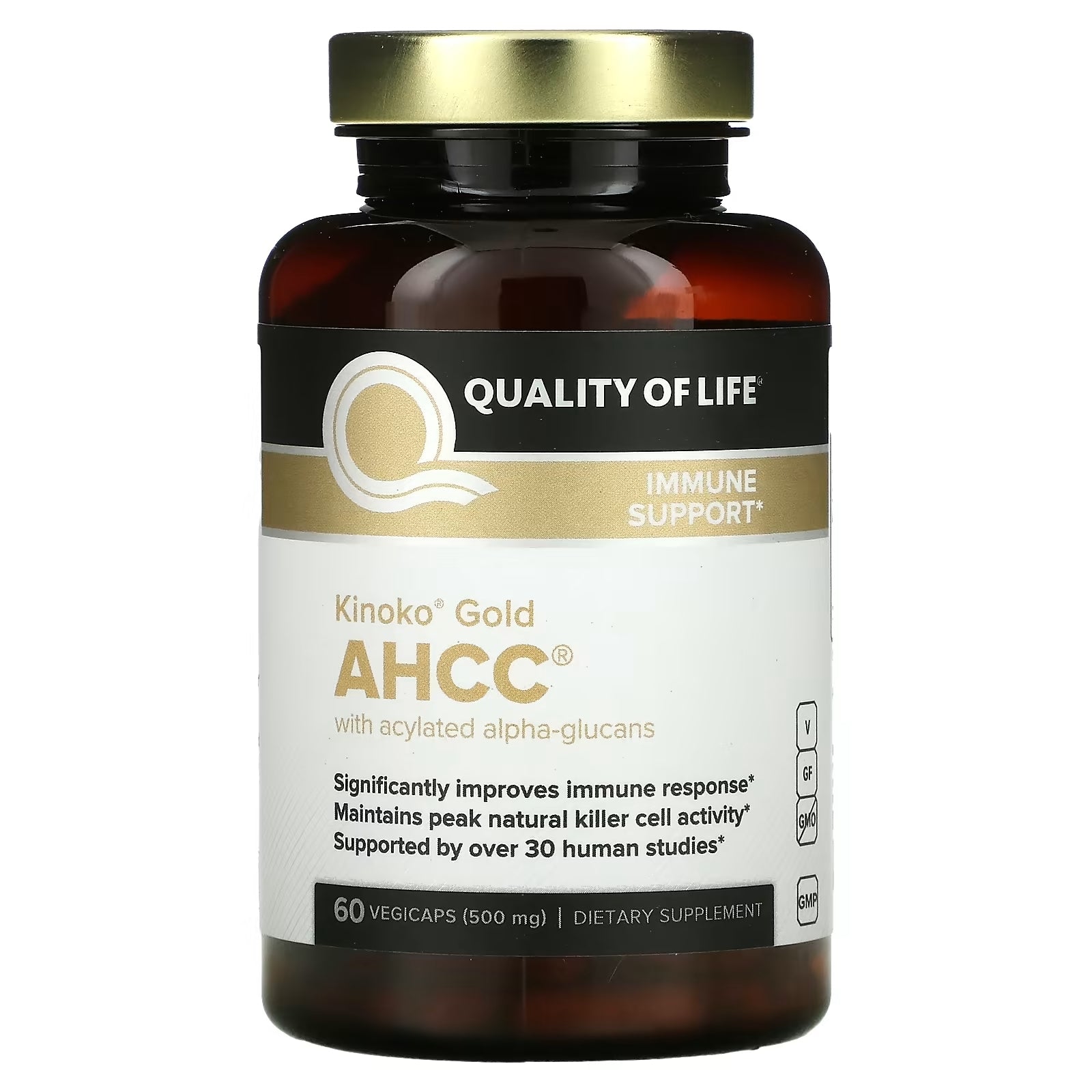 Dietary Supplement Quality of Life Labs Kinoko Gold AHCC with acylated alpha glucans, 60 capsules