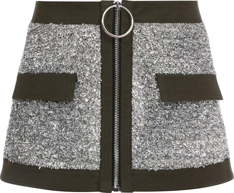 Balmain Short Low-Rise Tweed And Canvas Skirt Silver/Military Green, silver