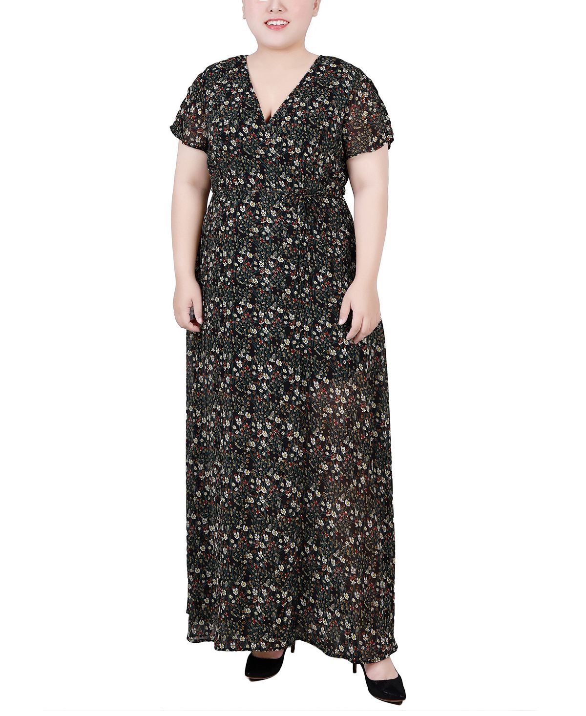 Plus Size Chiffon Short Sleeve Tie Wrap Maxi Dress NY Collection