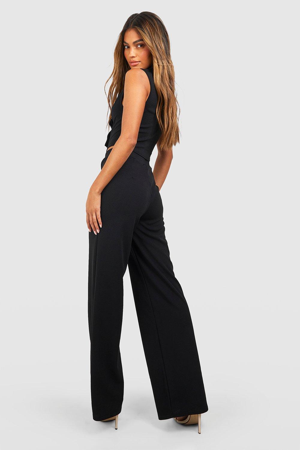 Boohoo Asymmetrical Vest and Wide Leg Pants in Knit Crepe, Black