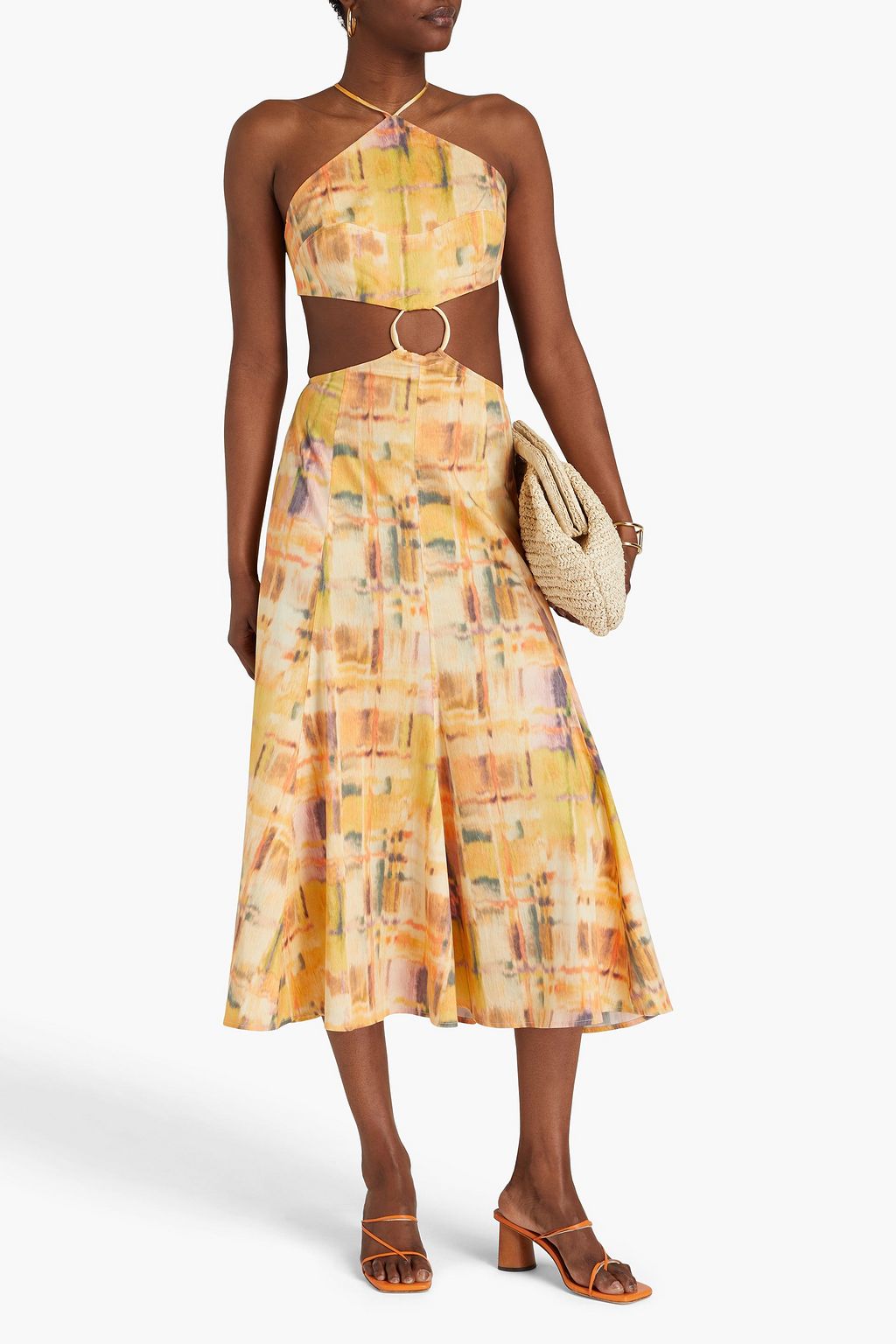 Nadeesha Linen Blend Cutout Midi Dress with CULT GAIA Print, Yellow