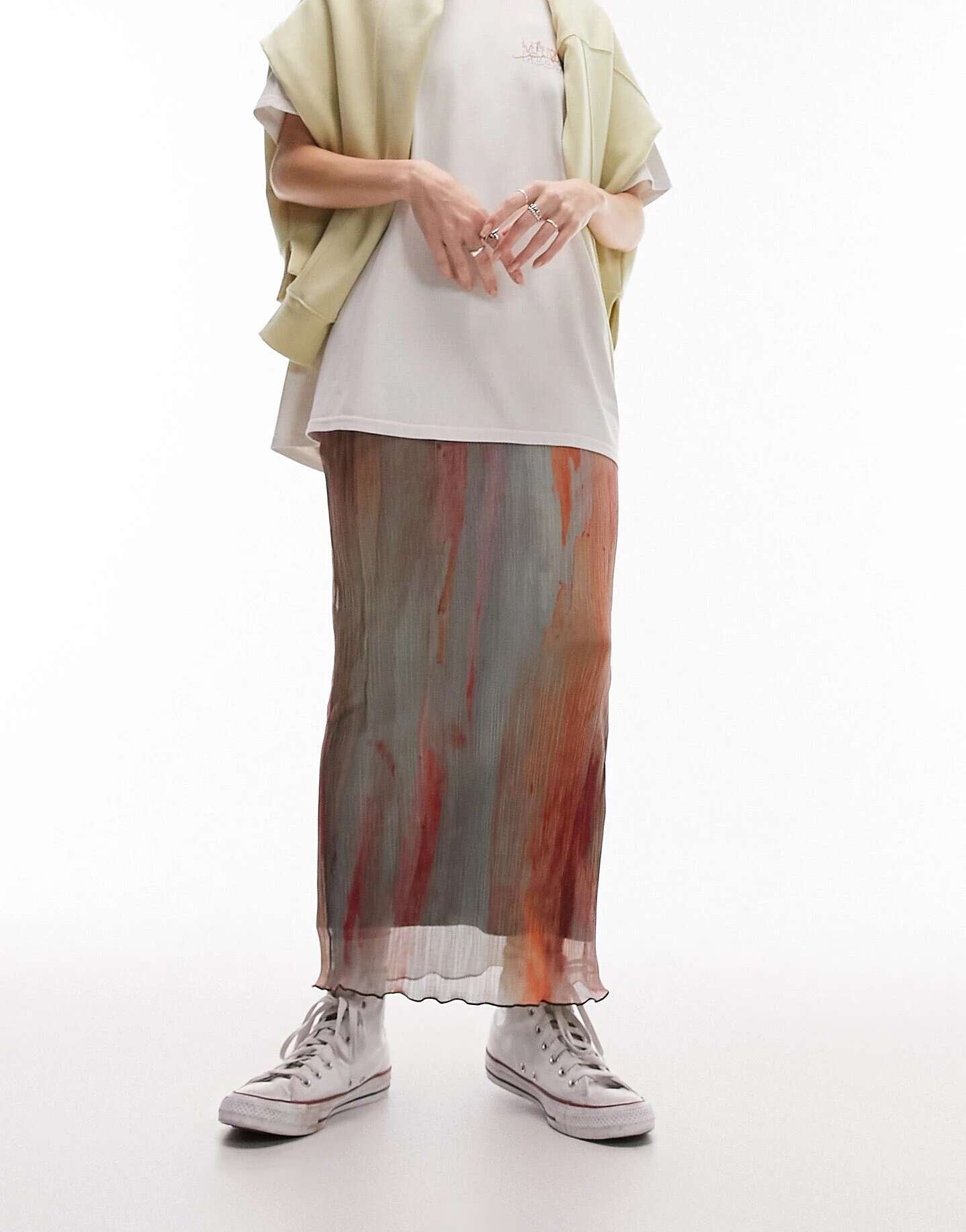 Topshop Multicolor Blurred Watercolor Pleated Midi Skirt