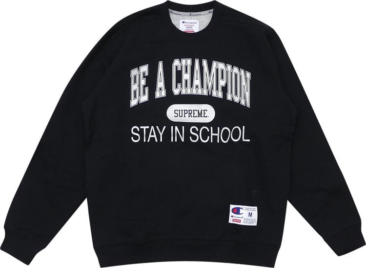 Supreme x Champion Stay In School Crewneck 'Black' Sweatshirt, Black