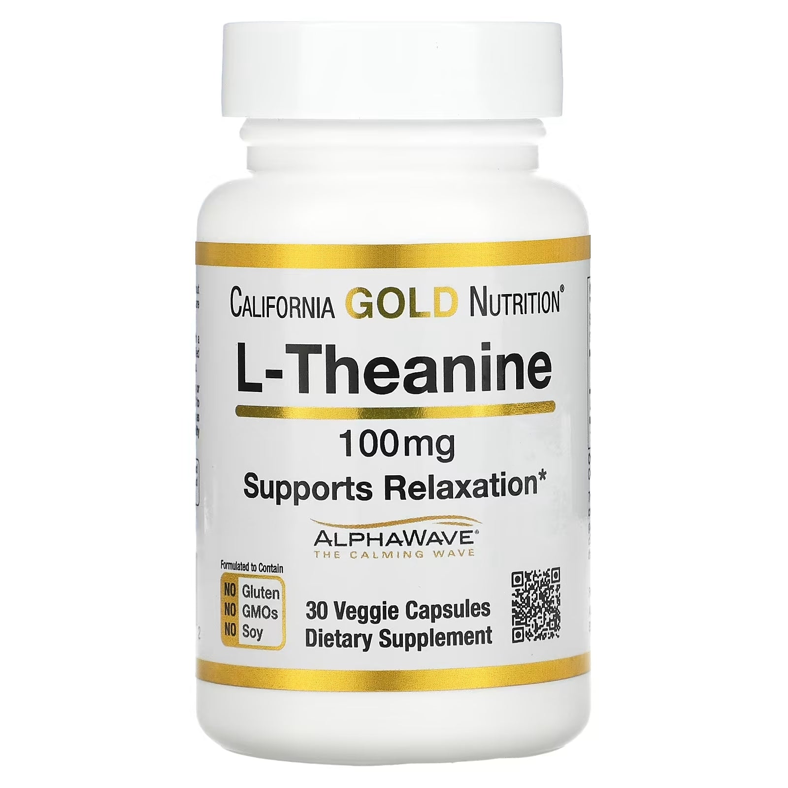 L-Theanine California Gold Nutrition Alpha Wave يدعم الاسترخاء والتهدئة 30 كبسولة نباتية