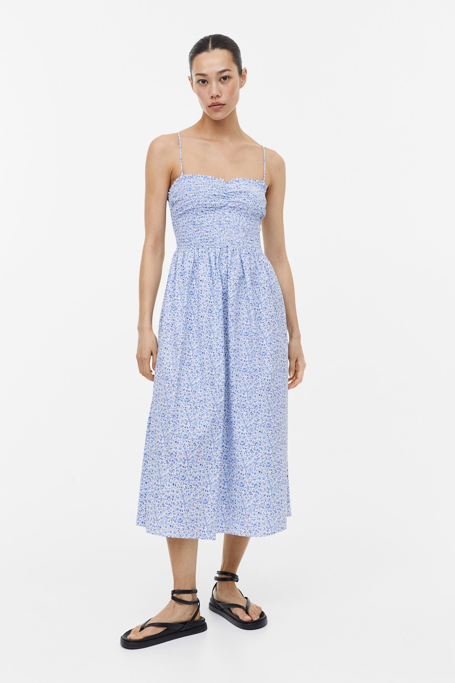 H&M Smocked Cotton dress, white/blue