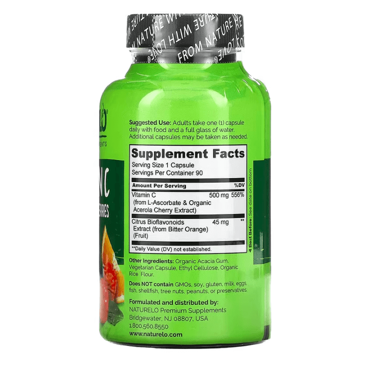 Vitamin C Acerola Berry & Citrus Bioflavonoids Naturelo 500 mg, 90 Capsules