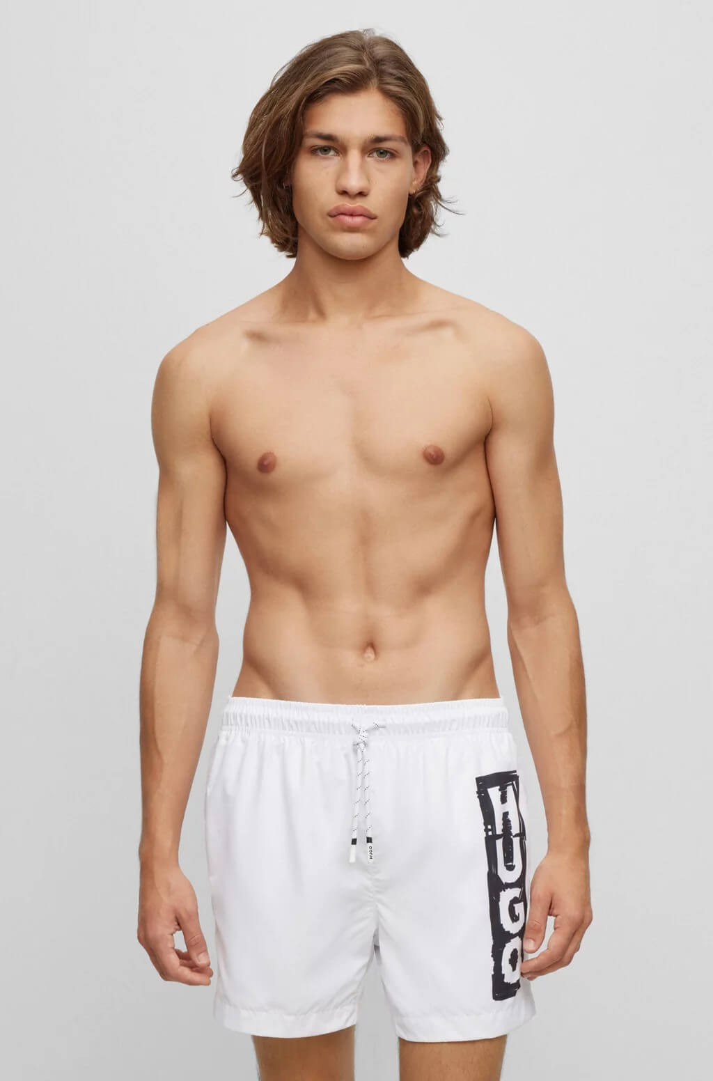 Hugo Marker Logo Swim Shorts, White/Black