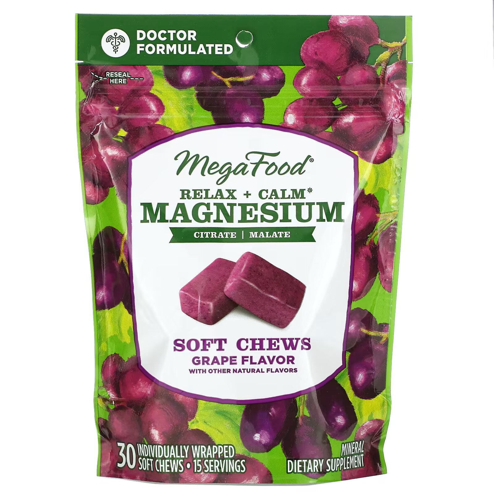 MegaFood, Calm & Relax Magnesium Chewables, Grape 30 chewable tablets individually packaged