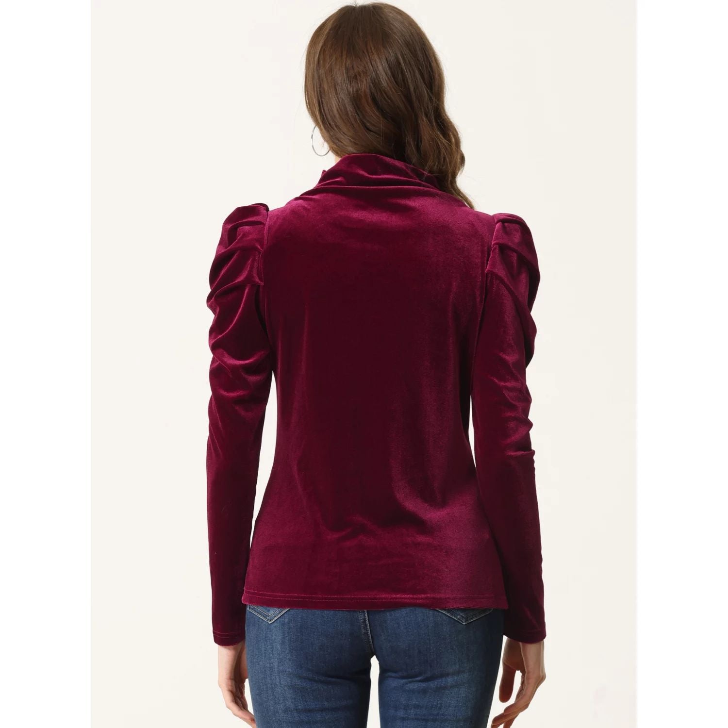 Velvet blouse for women, puffy turtleneck with long sleeves elegant velor top ALLEGRA K