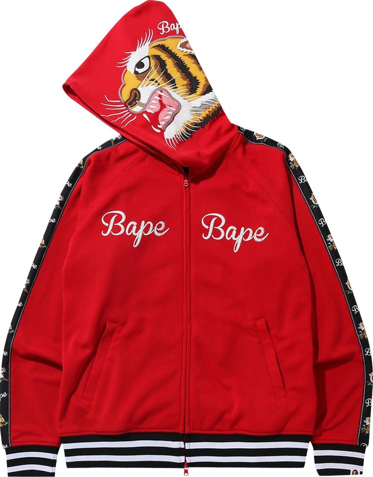 هودي بسحاب كامل من BAPE Tiger Jersey باللون الأحمر، أحمر