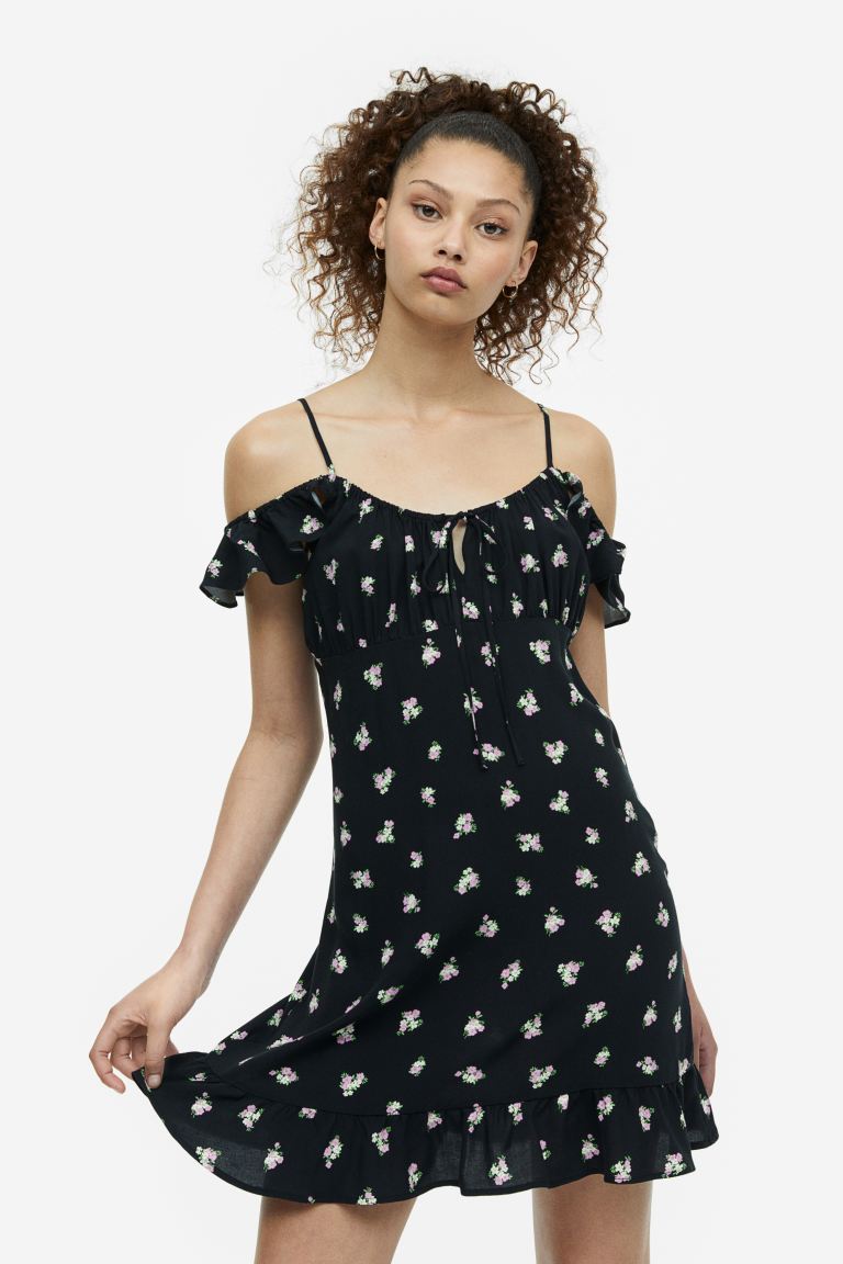 H&M Off Shoulder Fly Sleeve Dress, Black/Floral