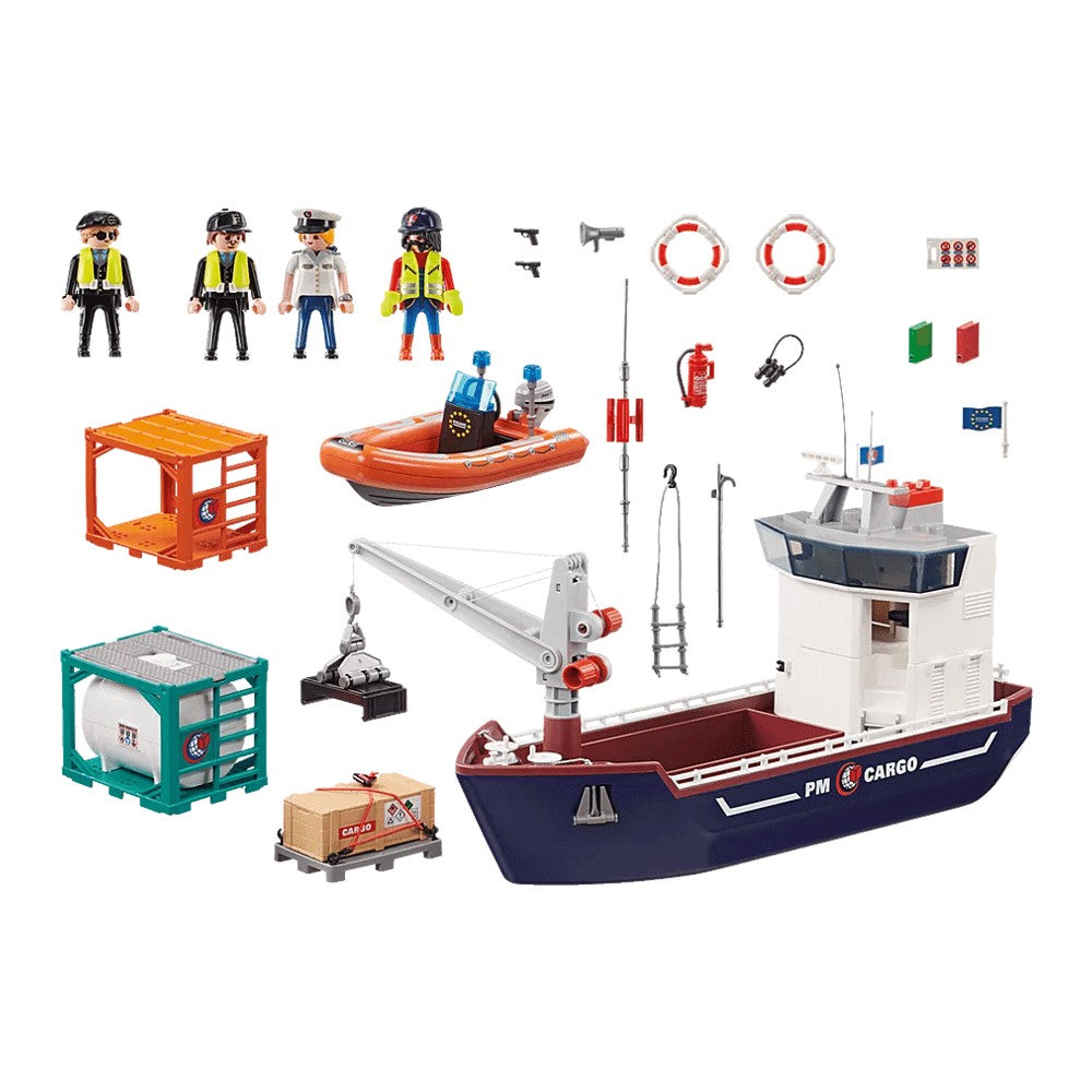 Construction set Playmobil 70769 Large container ship with a customs officer's boat