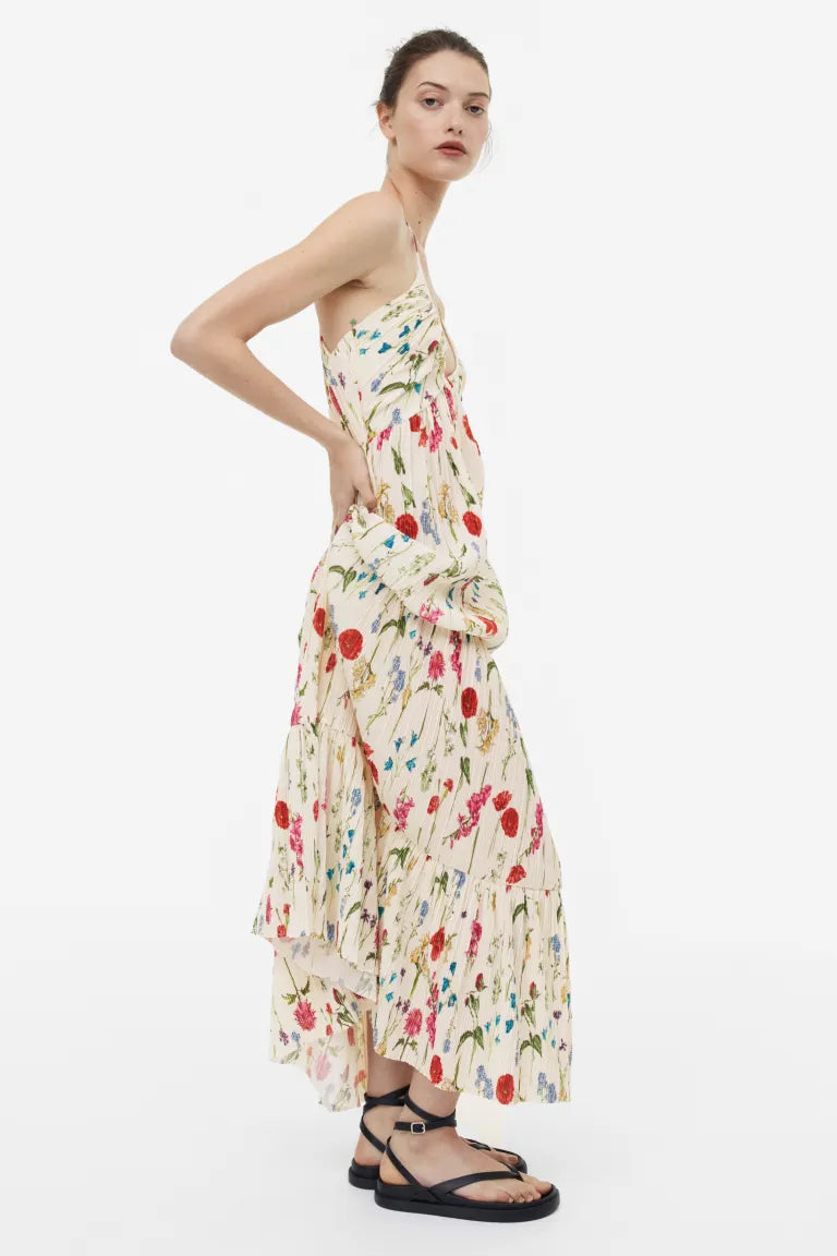 H&M pleated maxi dress, cream/floral