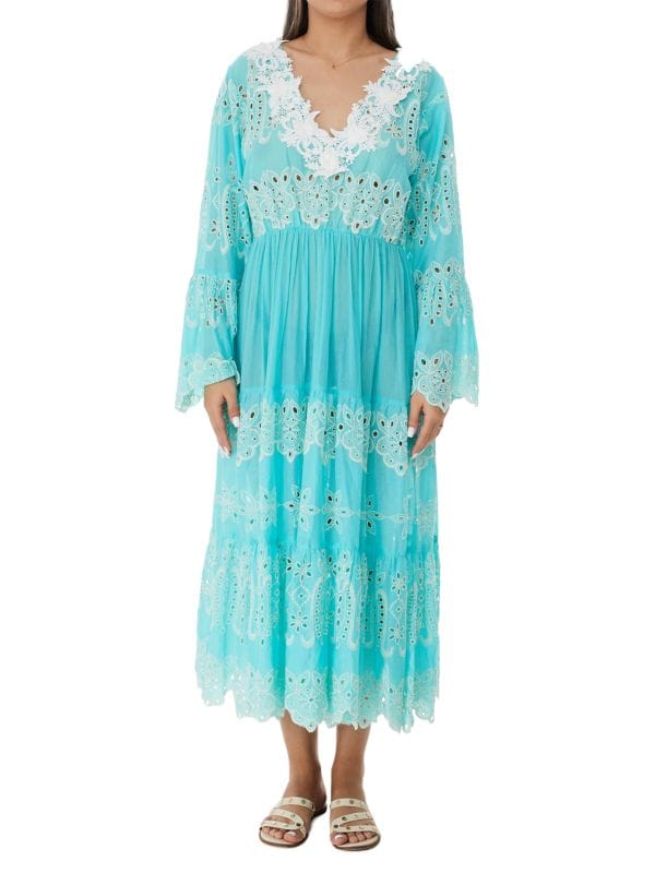 Ranee's lace midi dress with long sleeves schiffli, aqua