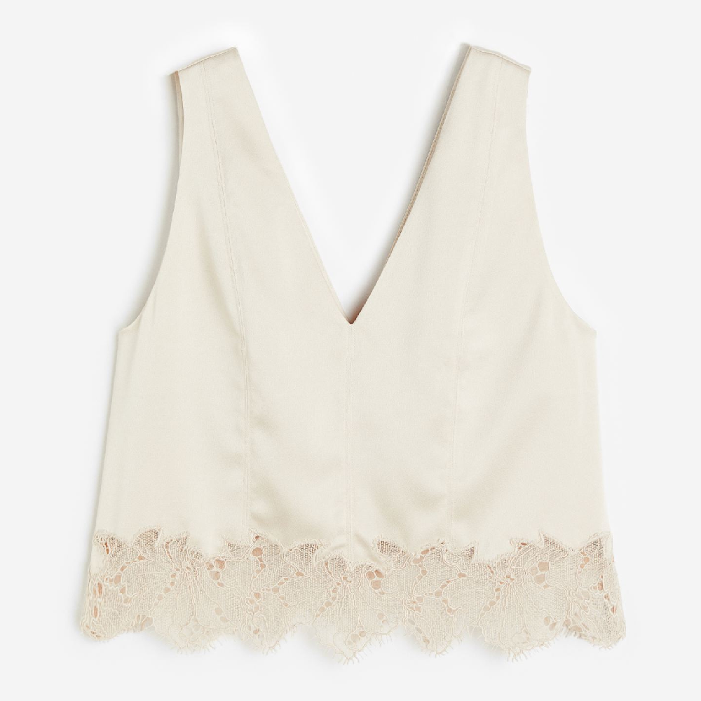 Top H&M Lace-trimmed Satin, light beige