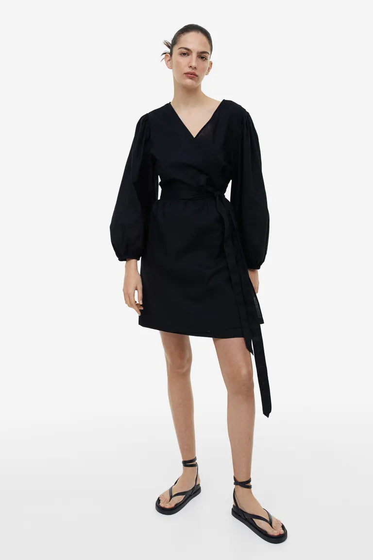 H&M Linen Blend Wrap Dress, Black