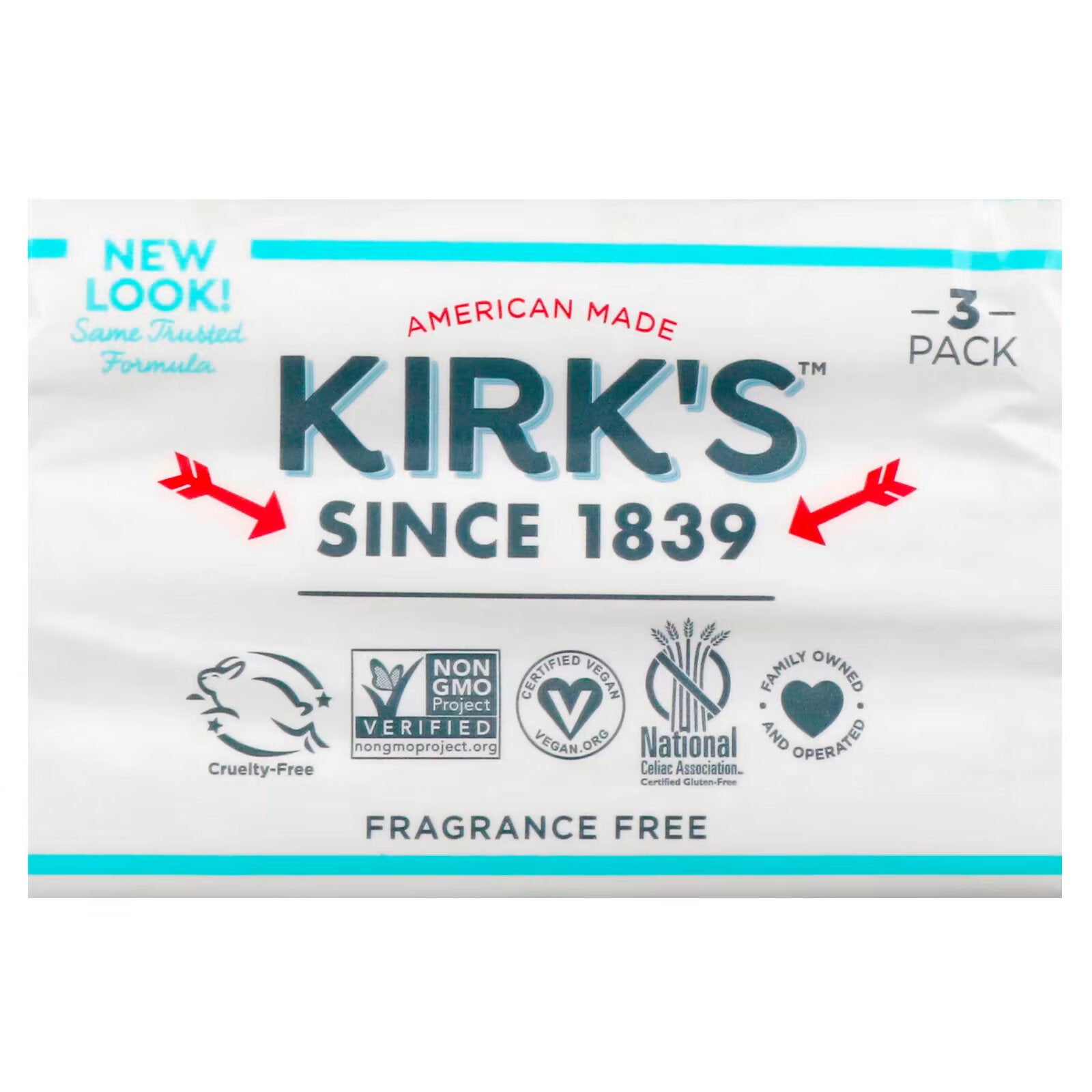 Kirk's, Gentle Castile Soap with Premium Coconut Oil fragrance-free, 3 pcs.  113 g (4 oz) each