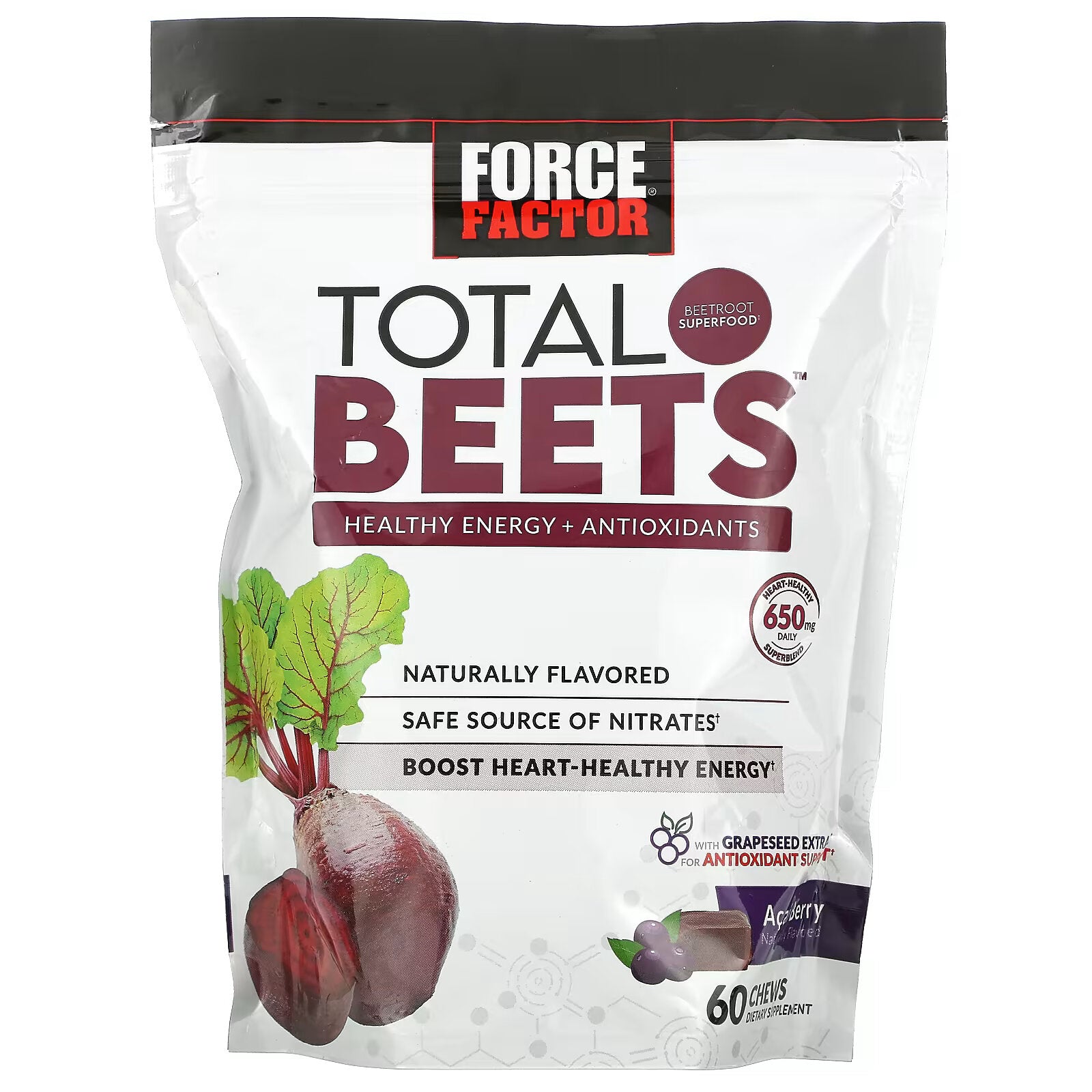 Force Factor, Total Beets, Healthy Source of Energy and Antioxidants, Beetroot and Acai Berry 325 mg, 60 chewable tablets