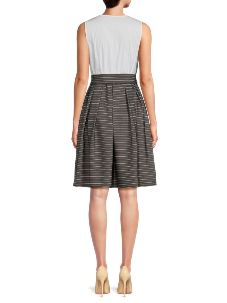 Tommy Hilfiger Belted Pinstripe Flare Dress in Black Ivory