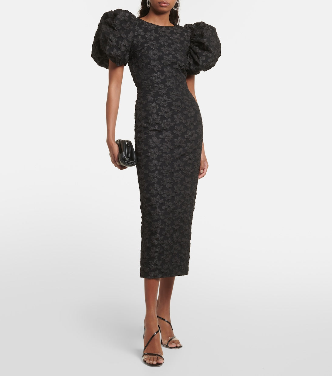 Rotate Birger Christensen Jacquard Puff Sleeve Midi Dress, Black