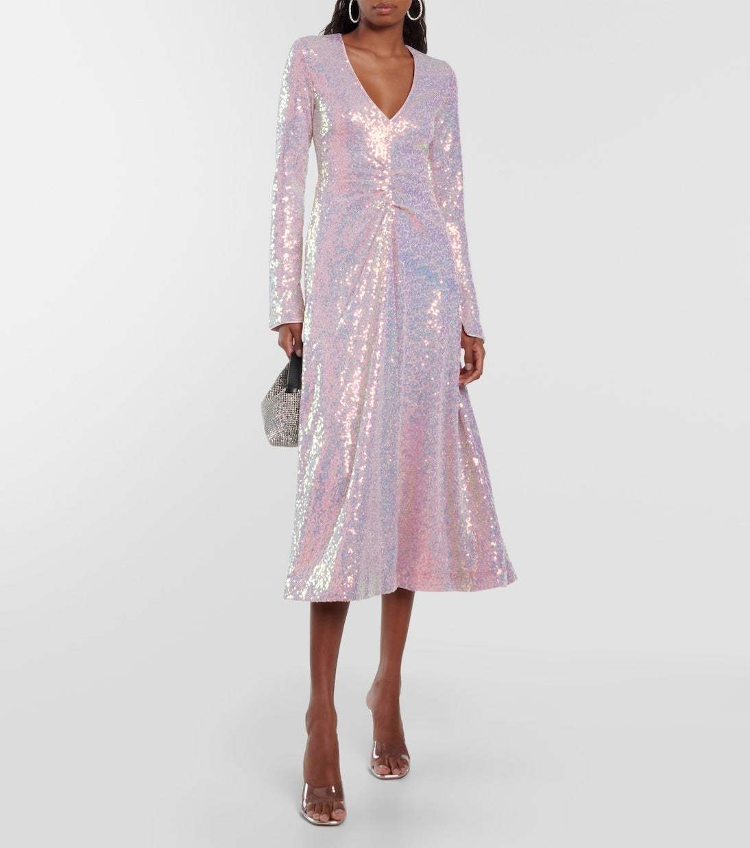 Rotate Birger Christensen ruched sequin midi dress, pink