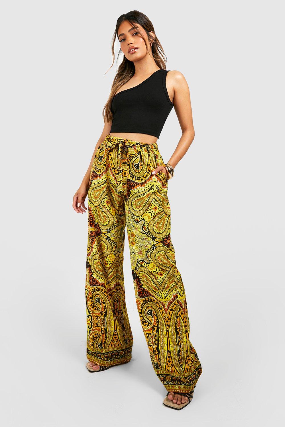 Wide leg trousers with scarf and Boohoo print, mustard