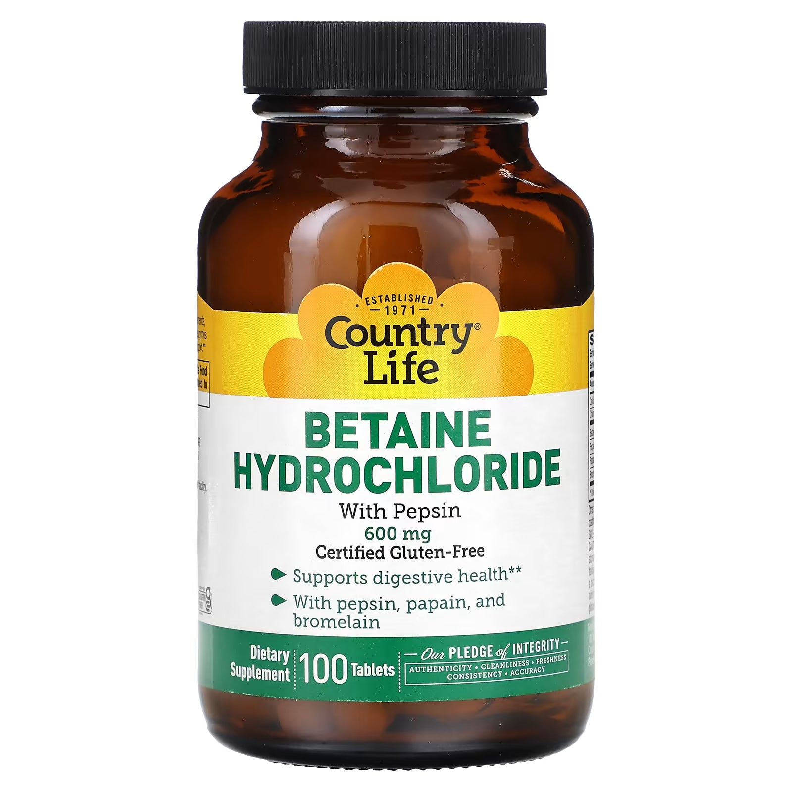 مكمل غذائي Country Life Betaine hydrochloride with pepsin 600 mg، 100 قرص