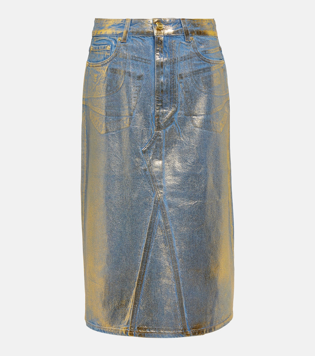 Ganni Gold Foil Midi Denim Skirt, Gold