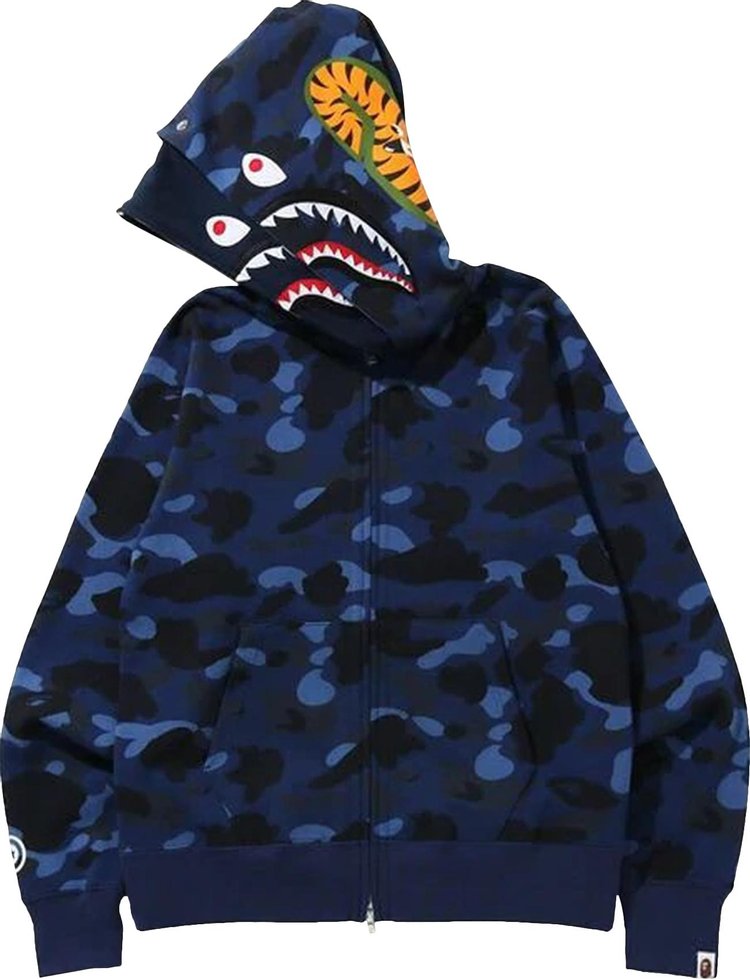 بلوزة بغطاء رأس مزدوج بسحّاب كامل وطبعة سمكة قرش من BAPE Color Camo باللون الأزرق الداكن