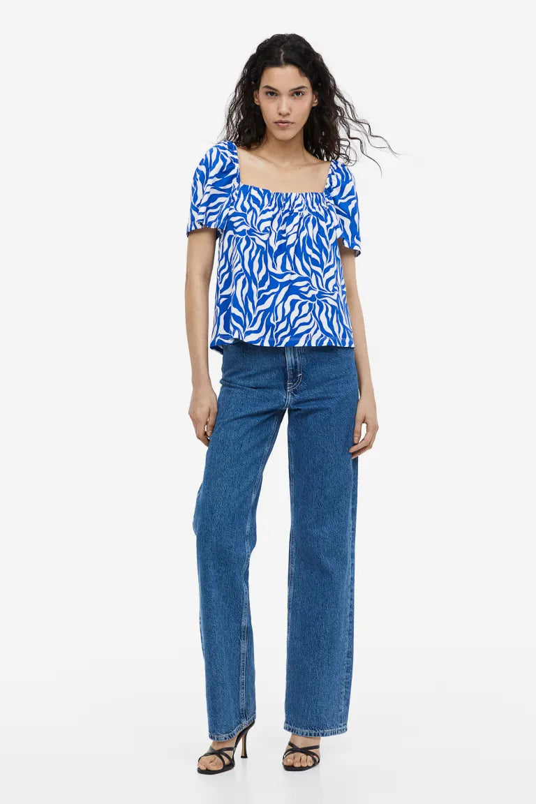 H&M Square Neck Top, Royal Blue/Patterned